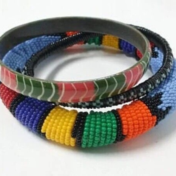 BUNDLE: African Patterned Beaded Painted Bangle Bracelet Trios (Multiple Colors) - Picture 4 of 12